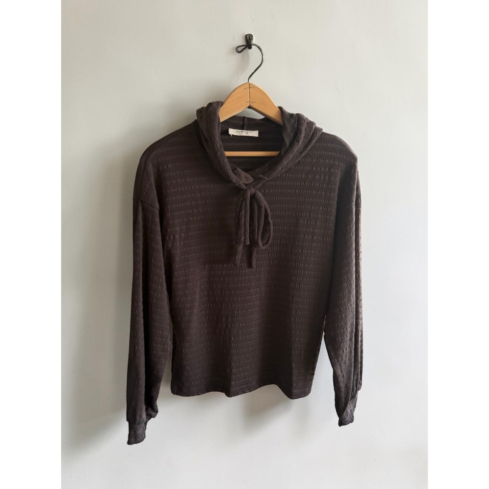 Audrey 3+1 Brown Textured Hooded Pullover Top Medium TA1339A Smocked Ribbed